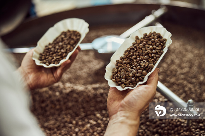 Male worker checking quality of freshly roasted coffee beans