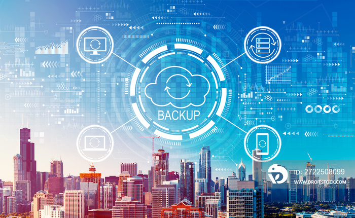 Backup concept with downtown Chicago cityscape skyscrapers