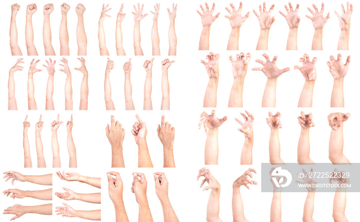 SUPER SET of Multiple Male Caucasian hand gestures isolated over the white background, set of multip