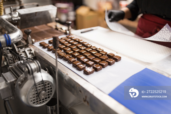 sweets production and industry concept - chocolate candies processing on conveyor at confectionery s