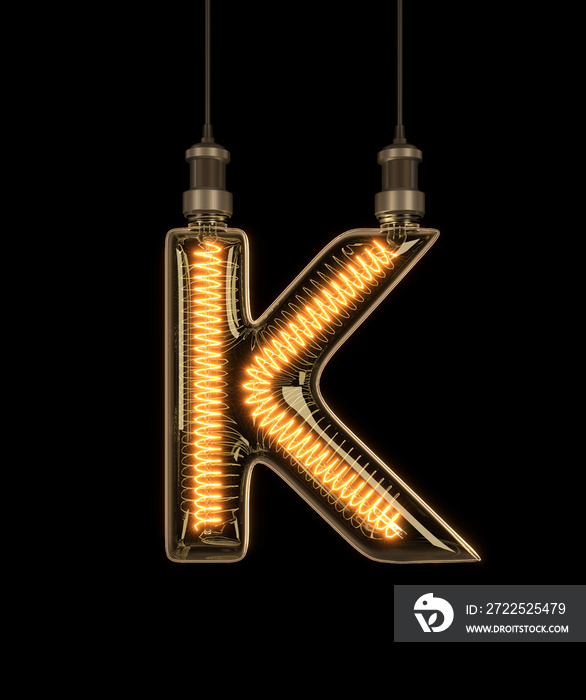 Alphabet K made of light bulb. 3D illustration