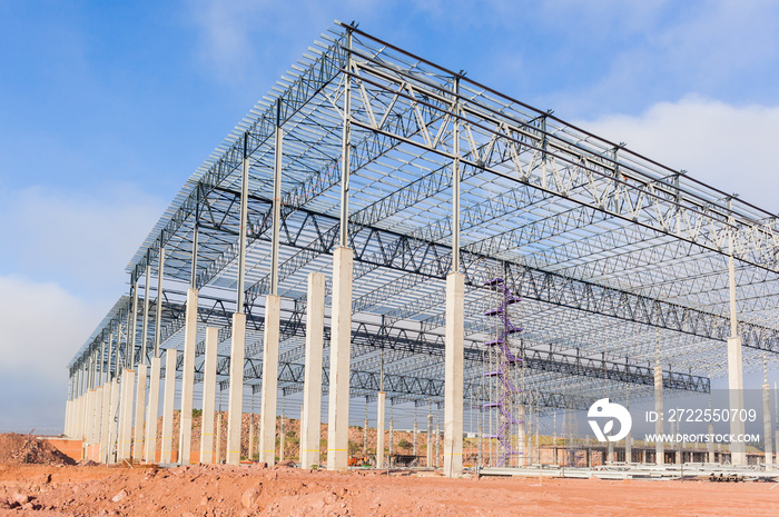 Construction Building Structure frame halfway for large factory warehouse .