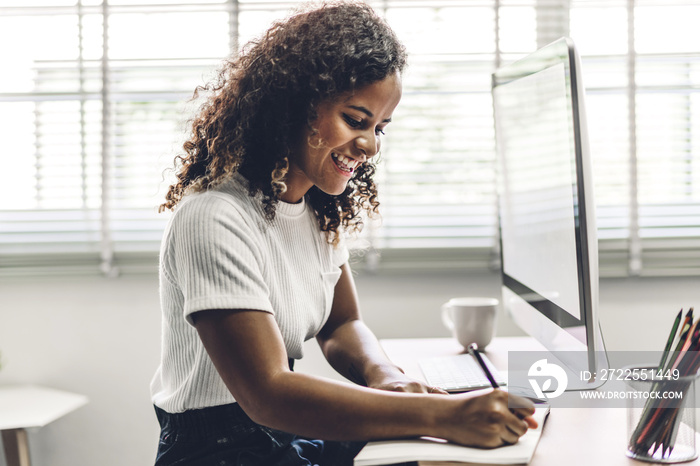 African american black woman working with laptop computer.creative business people planning and usin