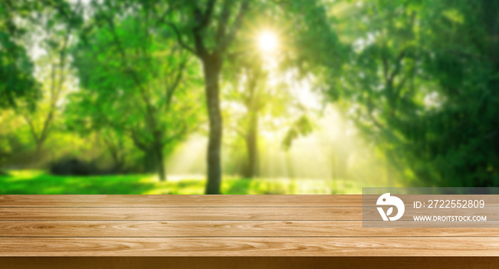 Brown wood table in green blur nature background.