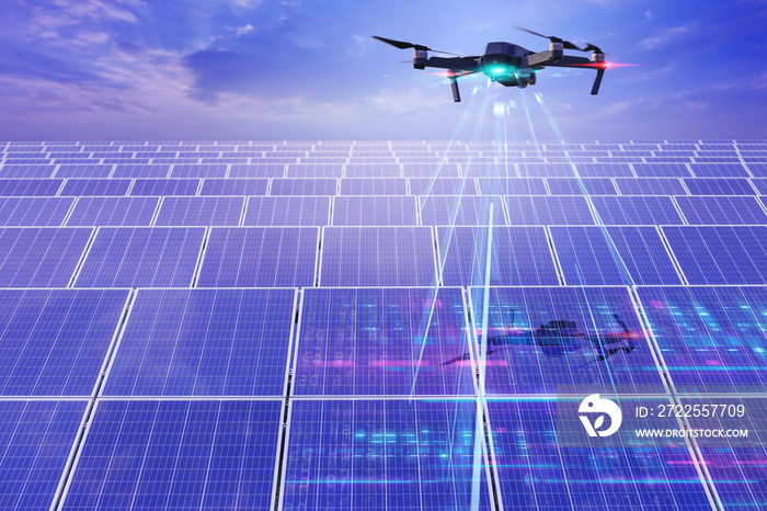 Flying Drone inspection explores and making data for solar cell panel at solar farm with visual effe