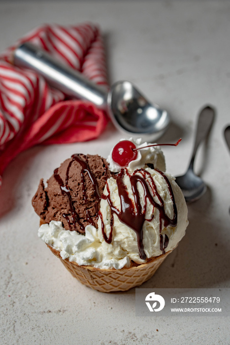 ice cream sundae on waffle cone cup