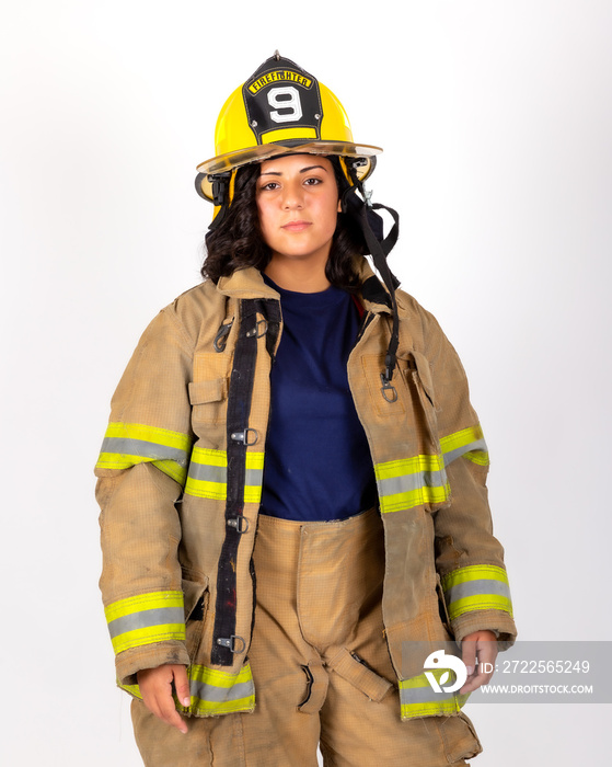 Female American firefighter in her gear