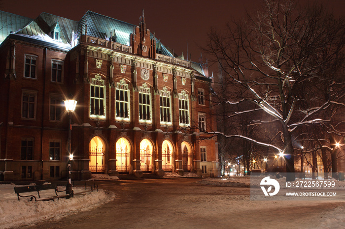 Collegium Novum-Jagiellonian大学，夜晚，冬季，波兰克拉科夫