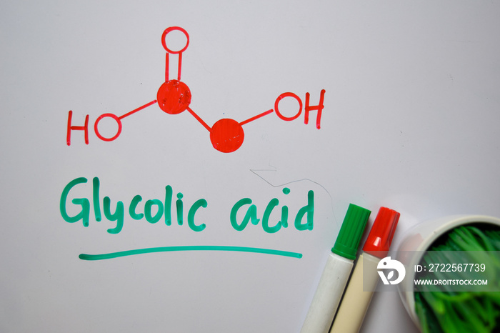 白板上写着乙醇酸分子。结构化学式。教育理念