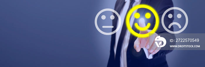 man touching smiley in customer satisfaction survey