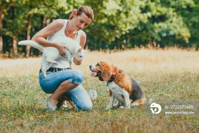 Woman introducing her cat to dog outdoors in the park