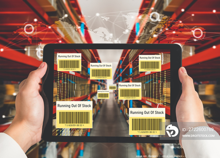 Smart warehouse management system using augmented reality technology to identify package picking and delivery . Future concept of supply chain and logistic business .