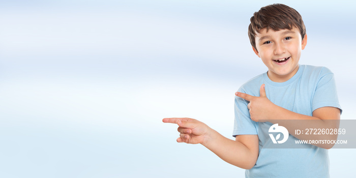 Child kid little boy showing with finger pointing on ad advertising with copyspace copy space