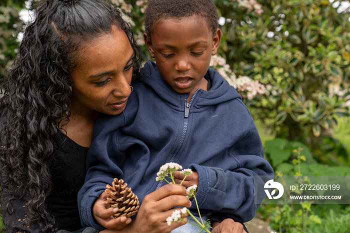 Mother and son looking at flower and pine cone