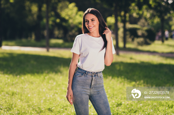 Portrait of her she nice-looking attractive lovely pretty charming cheerful cheery girl wearing cosy look enjoying rest relax weekend green grass lawn visit botanic garden oxygen