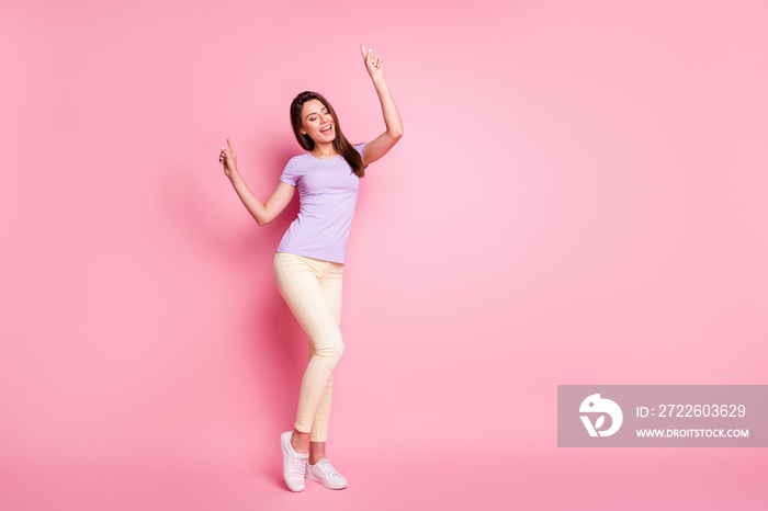 Full length body size view of her she nice-looking attractive dreamy cheerful cheery slim fit thin slender girl having fun dancing chill out spending weekend isolated over pink pastel color background