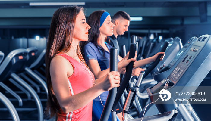 Group of young people diligently exercising on the crosstrainer machines