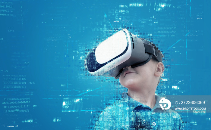 Boy with virtual reality headset is made up of codes. The concept of virtual reality, app programming, entertainment and scientific content.