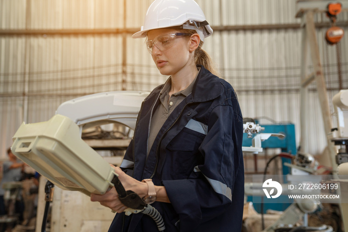 Female engineers or worker is controlling robot arm machine welding steel, worker using forcing welding with a control screen which is used for precision welding control.