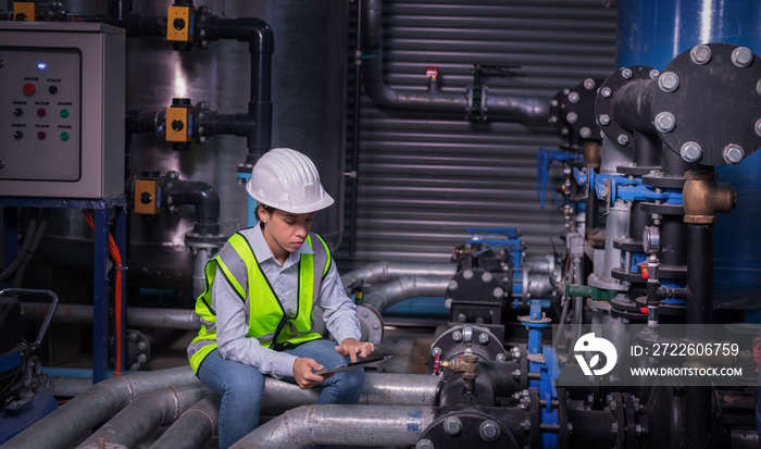 Industry engineer under checking the industry cooling tower air conditioner is water cooling tower air chiller HVAC of large industrial building to control air system.