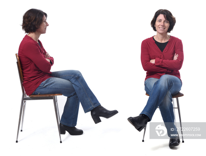 woman sitting on a chair back and front on white background,arms and legs crossed