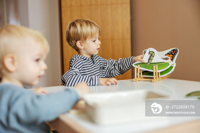 Children at kindergarten learning biology with use of educational toys.