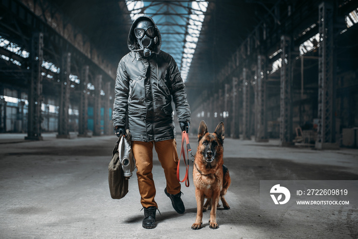 Stalker in gas mask and pet, survivors