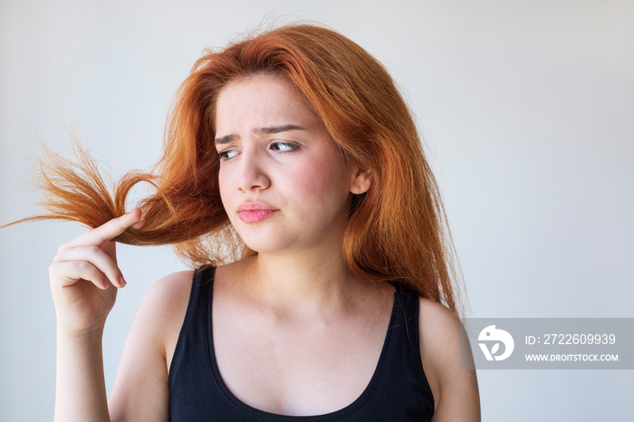 Woman have damaged and broken hair, loss hair, dry problem concept.