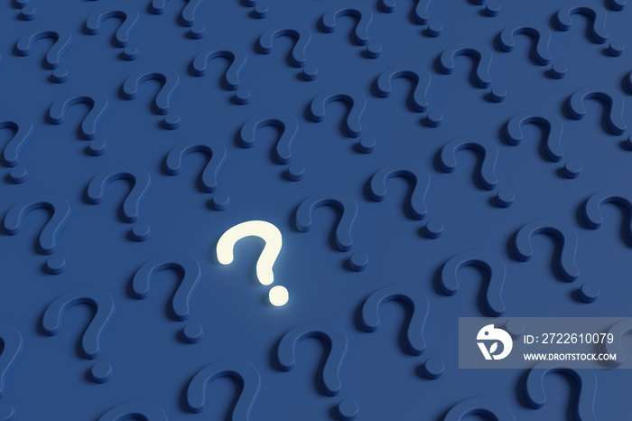 Illuminated question mark along with many other blue question marks. 3d illustration.