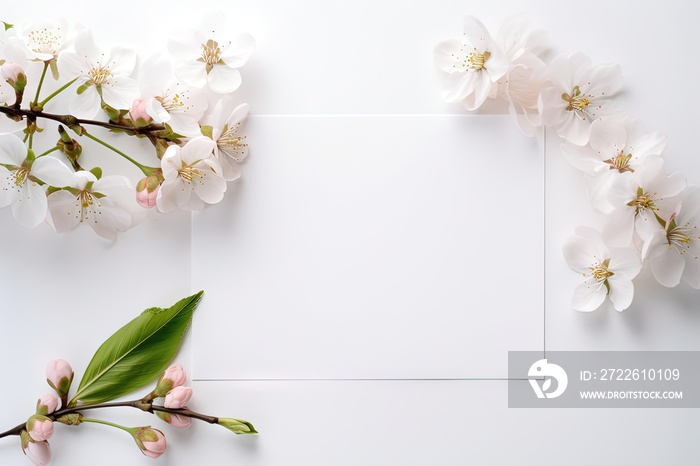 un papier blanc horizontal entouré de fleurs avec un angle de tête. Idéal pour la photographie de produits.