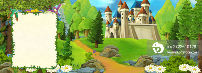 cartoon scene with beautiful medieval castle on the hill - with space for text - illustration for children