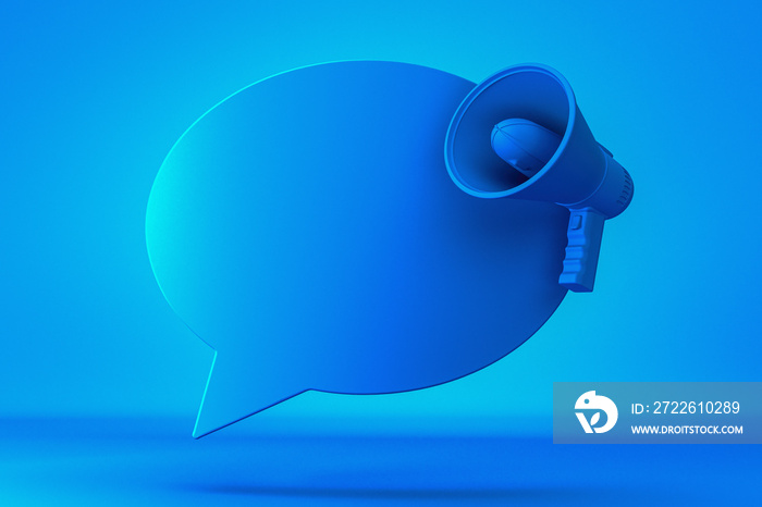 Megaphone with speech bubble to insert text. Speaker device. Illustration 3D, Art 3D.