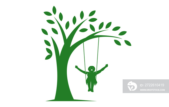 Child Playing Swing Under Tree Logo Design Template.