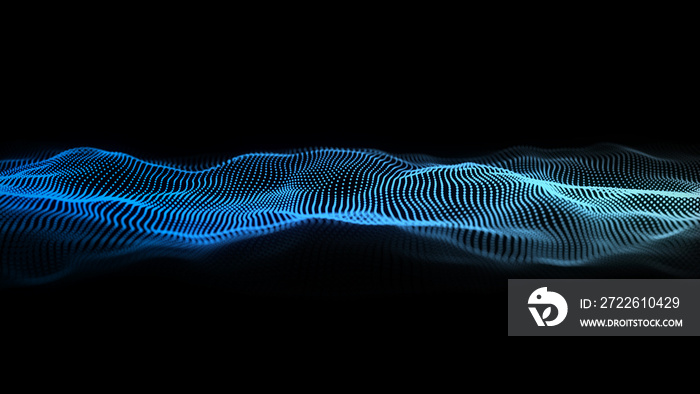 Digital gradient wave with dots on the dark background. The futuristic abstract structure of network connection. Big data visualization. 3D rendering.