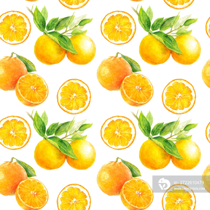 Orange seamless pattern. Orange fruit hand draw watercolor illustration.