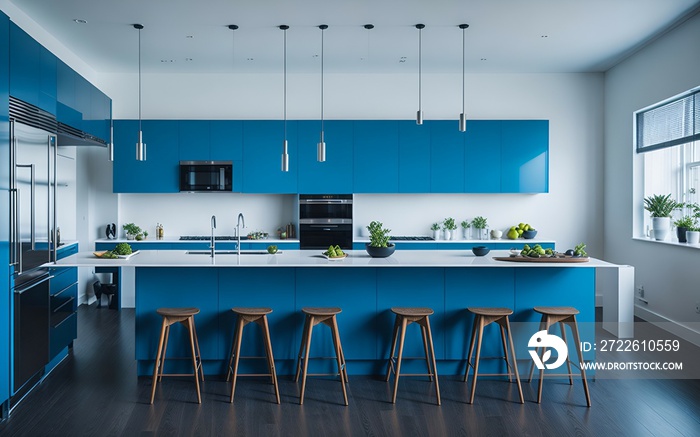 Photo of a modern kitchen with blue cabinets and matching stools