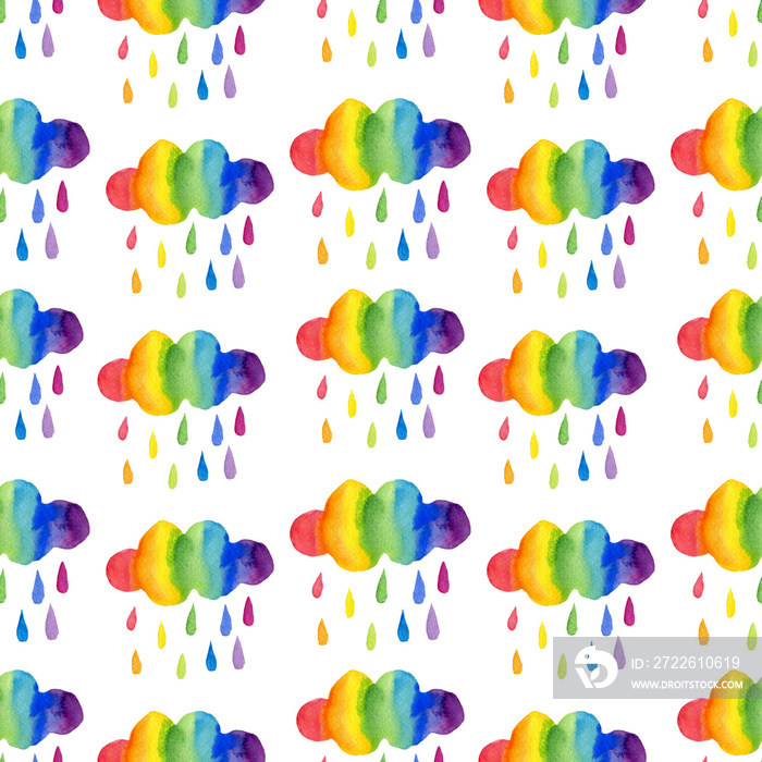 Watercolor rainbow clouds and rain seamless pattern isolated on white background. Hand painting gay pride illustration.