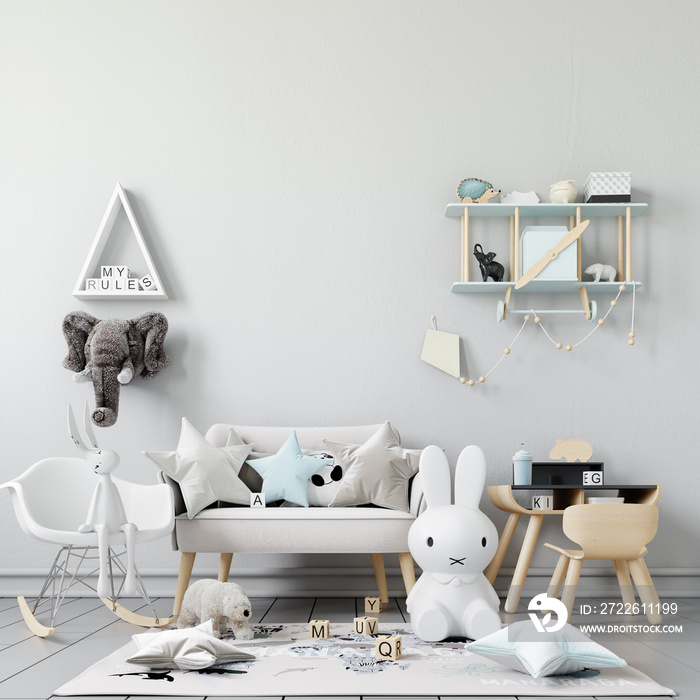 Interior Children Playroom Wall Mockup - 3d Rendering, 3d Illustration