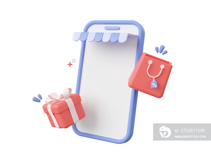 3d cartoon design illustration of Smartphone with shopping bag and gift box, Shopping online on mobile concept.