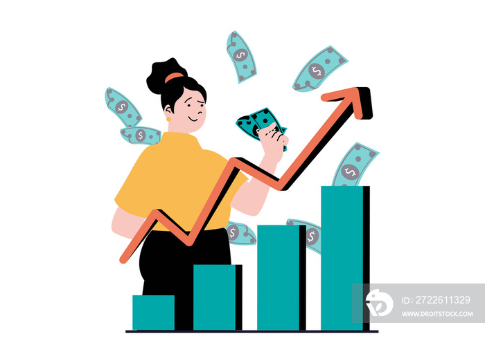 Stock trading concept with character situation. Woman trader earning on stock exchange, successful financial strategy and investment. Illustrations with people scene in flat design for web