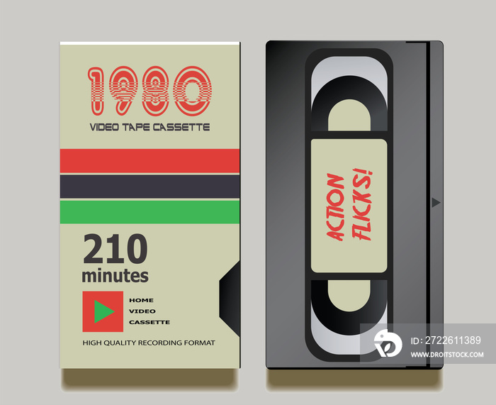 Vintage 1980’s vhs cassette and cover, realistic illustration, mock-up design