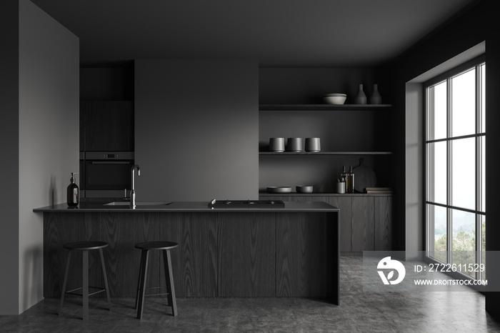 Grey kitchen interior with bar countertop and cooking area, panoramic window