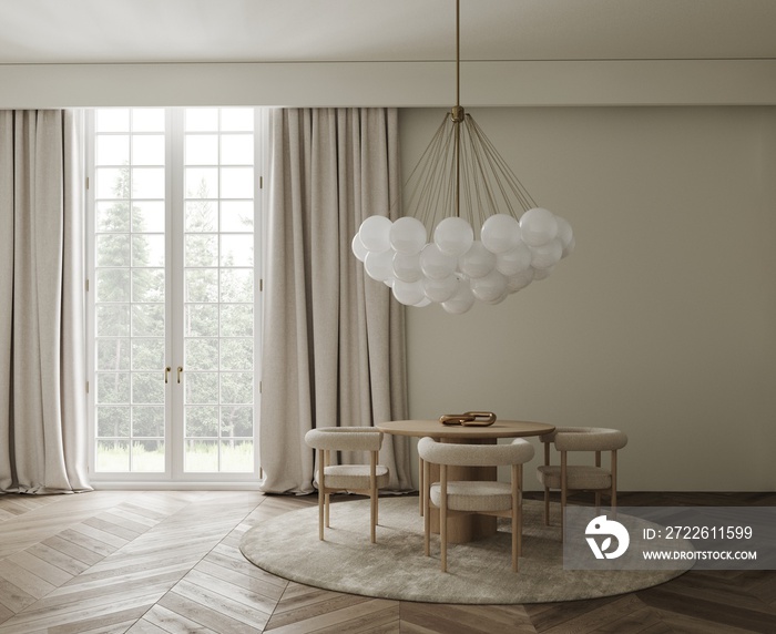 Wooden dining table with wooden modern chairs . 3D illustration. Dining room with a large fashionable chandelier above the table. Forest view from the panoramic windows.