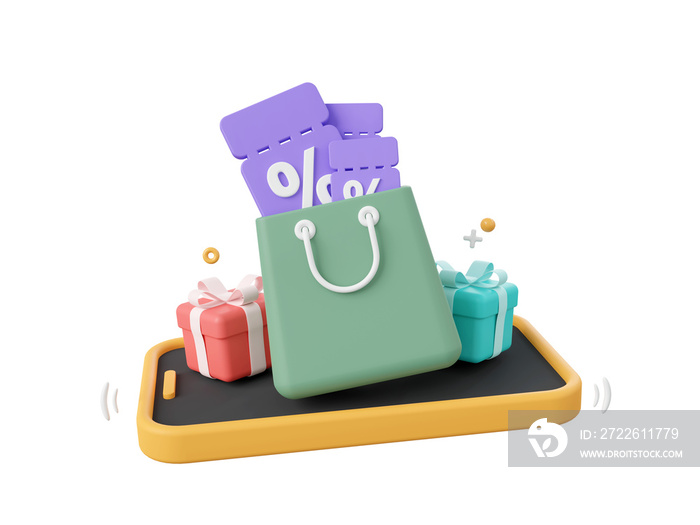 3d cartoon design illustration of Smartphone with discount code, gift boxes and shopping bag, Shopping online advertising marketing promotion concept.