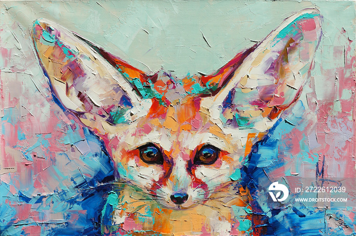 Oil fox portrait painting in multicolored tones. Conceptual abstract painting of a fennec muzzle. Closeup of a painting by oil and palette knife on canvas.