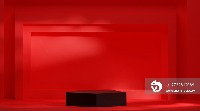 3d render abstract room with realistic black pentagon podium red studio room background for product display presentation. geometric platform design trade show stage