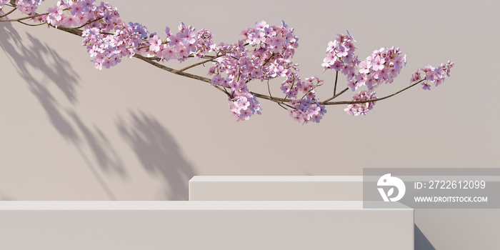 Minimal abstract background.podium and cherry blossom with light nature white background for product presentation.3d rendering illustration.