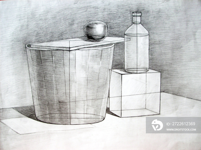 Classic training graphic still life with various objects - cube, glass bottle, apple, wooden board on the table. Pencil drawing on paper. Academic drawing.