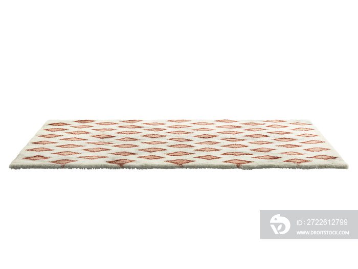 Modern light beige fluffy rectangular carpet with a red rhombus pattern. Contemporary rug with cotton base and high pile on white background. Mid-century, Scandinavian interior. 3d render