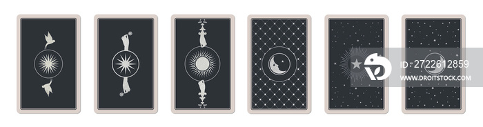 Set of playing cards back with esoteric designs with silver foil isolated on white background.